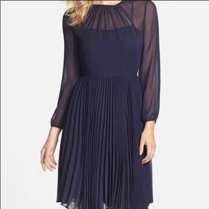 Eliza J Navy Pleated Chiffon Fit and Flare Dress